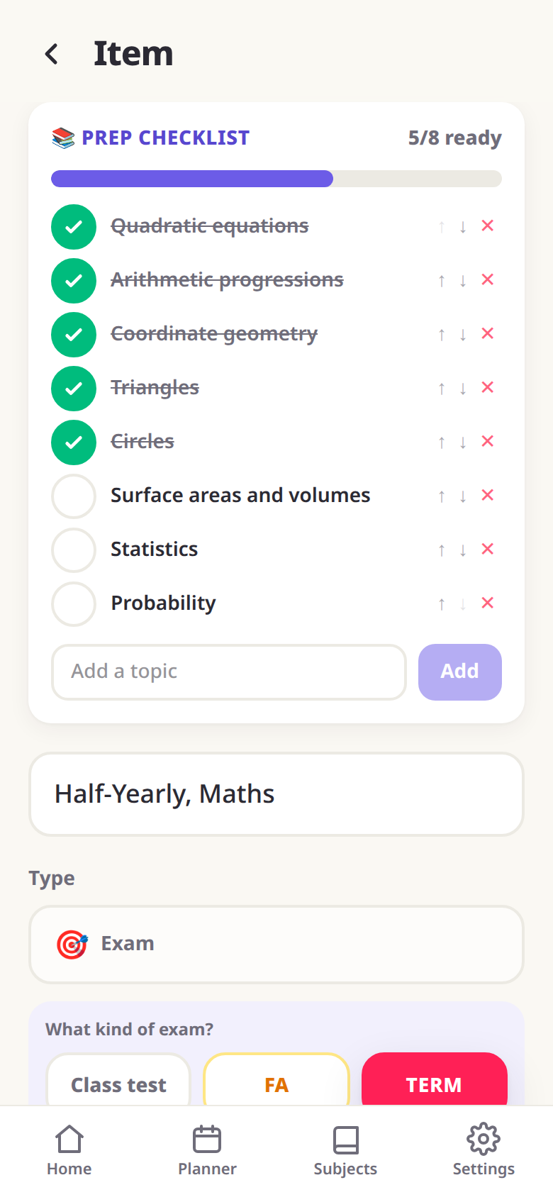An exam open in AllSet, headed PREP CHECKLIST with 5/8 ready beside it and a bar filled a little over half way. Eight chapters are listed below: Quadratic equations, Arithmetic progressions, Coordinate geometry, Triangles and Circles are ticked and struck through; Surface areas and volumes, Statistics and Probability are unticked. At the bottom is a box to add a topic.