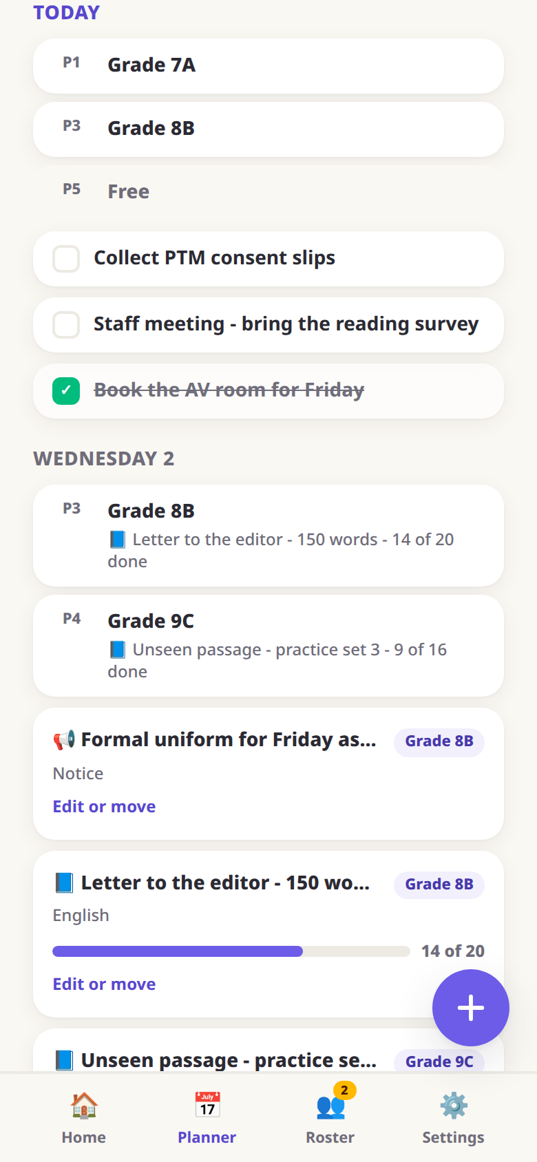 The teacher's planner: a homework item showing 14 of 20 done